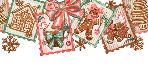Hand-drawn gingerbread cookie Christmas border. Festive holiday border with copy space, isolated on a striped background