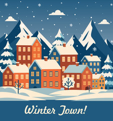 Fototapeta premium Winter landscape with houses. Vector flat winter illustration with colorful townhouses, snow-covered trees. Perfect for winter New Year and Christmas cards, seasonal promotions, banners and greetings