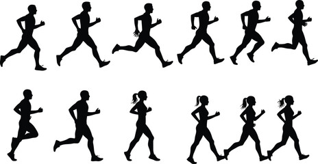 Running silhouette collection, jogging athlete figures, male and female runners, fitness training vector, marathon exercise graphic, healthy lifestyle sport illustration, editable design resource