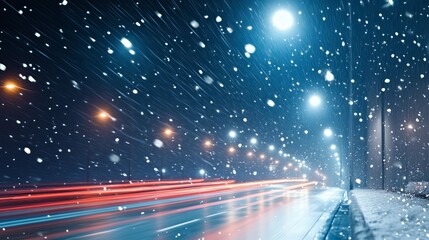 Blizzard Conditions on Night Expressway with Headlights Illuminating Vehicles in Winter Commute