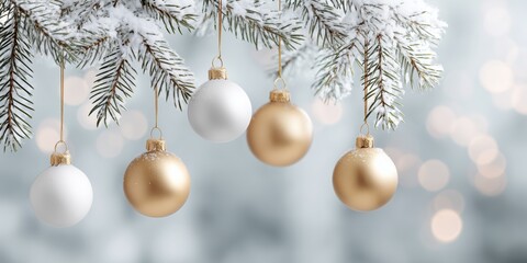 Elegant Christmas Baubles Hanging on Snowy Pine Branches