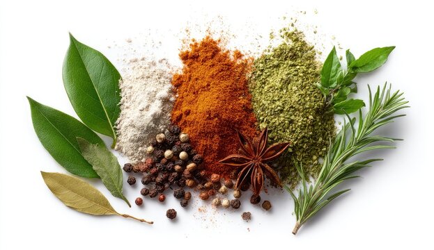 Colorful spice blend arranged on white background.  Fresh herbs and spices, including bay leaves, peppercorns, and star anise, are artfully arranged in a variety of colors and textures