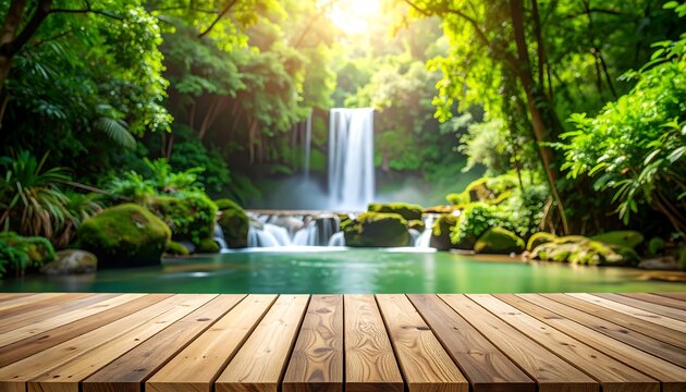Tranquil waterfall in lush forest. Wooden platform - Powered by Adobe