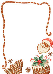 Hand-drawn gingerbread cookie Christmas frame. Festive holiday border with copy space, isolated on a striped background