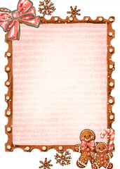 Hand-drawn gingerbread cookie Christmas frame. Festive holiday border with copy space, isolated on a striped background