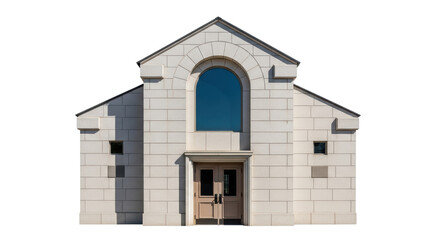 Obraz premium Isolated church exterior features arch, double doors and masonry in simple, geometric style