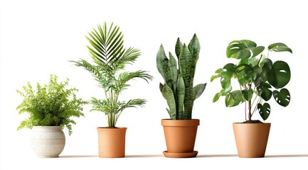 Obraz premium Four potted houseplants in terracotta pots, against a white background