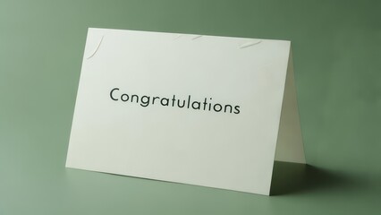 A simple, off-white folded congratulatory card with minimalist dark-grey lettering rests on a sage green surface.  Subtle, thin white string accents are visible at the top