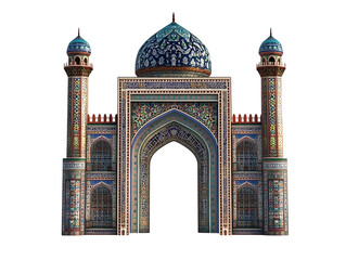 Ornate islamic architecture building with blue dome isolated on transparent background