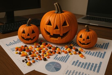 Three carved pumpkins sit on a table with scattered candy corn and chocolate, alongside graphs and charts, blending Halloween fun with a business environment.
