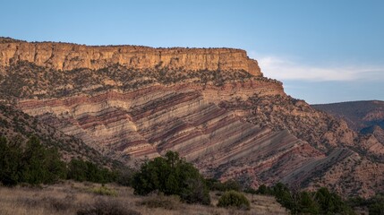 Fototapeta premium Glowing sedimentary rock layers pulsing with ancient energy, revealing Earth's geological history.