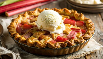 Delicious rhubarb pie with ice cream