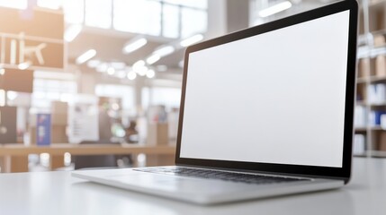 Fototapeta premium A sleek laptop sits on a desk in a modern workspace, showcasing a blank screen, surrounded by a bright, open environment.