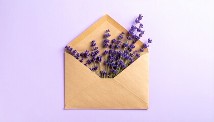 Golden Envelope with Lavender Sprigs on a Soft Purple Background