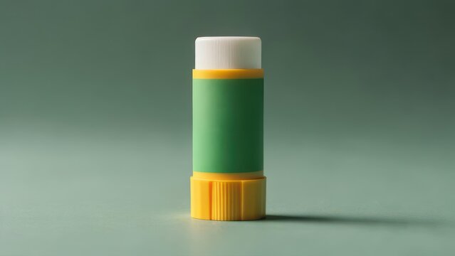 A single, cylindrical glue stick stands upright on a muted green surface, its white adhesive top contrasted by a yellow base and a central green band. Soft lighting casts a subtle shadow