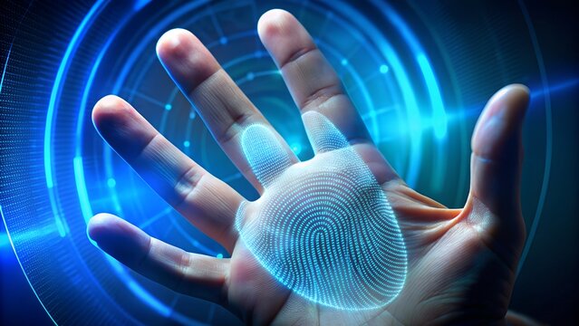 Hand with futuristic blue biometric palm scan interface.