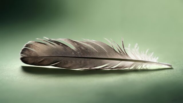 A single, dark grey bird feather rests on a pale green surface, lit by soft, directional light, showcasing intricate barbules and subtle texture
