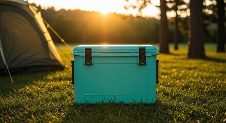 Bright Blue Cooler in Campground at Sunset Surrounded by Green Grass and Tall Trees