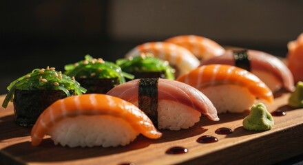 Assorted sushi pieces on a wooden platter, illuminated by natural light