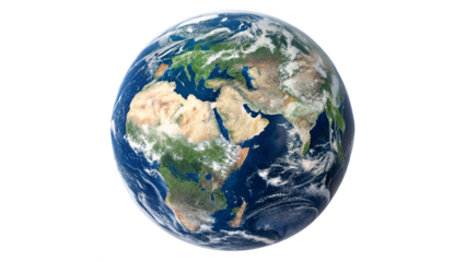 earth globe view  as seen from space, showcasing continents, oceans, and clouds isolated on transparent background