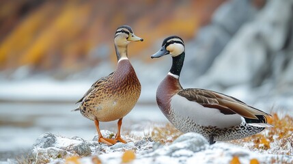 Autumnal ducks on snowy rocks by a stream