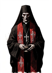 Old school fantasy RPG artwork of a corrupted priest with gaunt face and dark sunken eyes, inspired by Eastern Orthodox clergy, gothic horror character design for tabletop