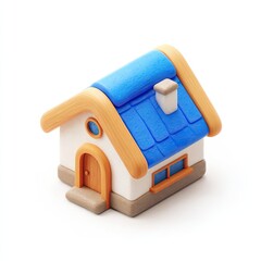Cute, stylized 3D model of a small house.  A whimsical, cartoon-like cottage with a blue roof, light beige walls, and tan trim.  