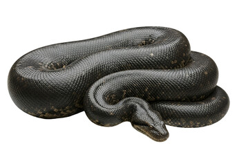 Obraz premium A large, dark snake coils tightly, showcasing its intricate scales and smooth texture against a black background.