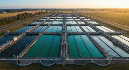 Aerial View of Wastewater Treatment Plant with Clear Water Tanks in Sunset Light