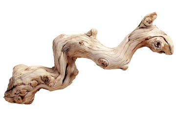 Weathered driftwood branch with curved shape, bleached surface and natural knot textures, isolated on transparent background.
