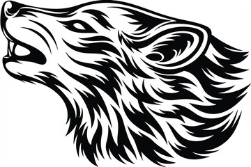 Stylized monochrome wolf head faces upward in a bold tribal animal style