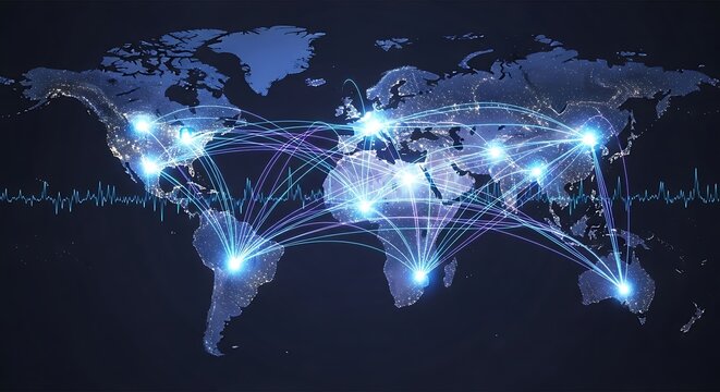 Global network connectivity futuristic digital world map with bright lights representing connections