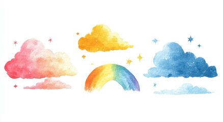 Watercolor clouds and rainbow