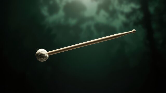 A single, light-brown drumstick with a white, fuzzy mallet end floats against a dark-green, blurry, out-of-focus background suggesting foliage