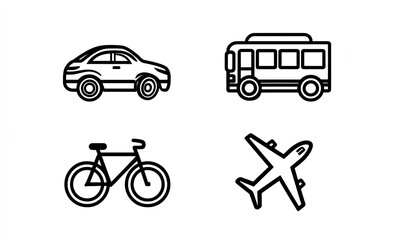 Simple line art icons of various transportation vehicles