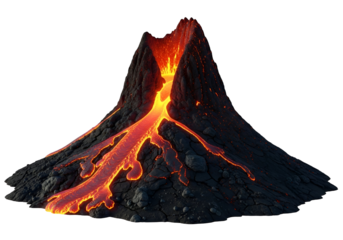 A dramatic volcano erupts, showcasing molten lava flowing down its rugged slopes against a stark black background.