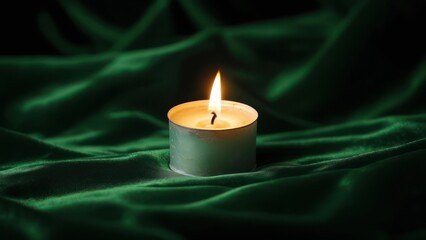 A single lit candle rests on a dark green fabric, its soft glow contrasting against the rich, textured material. The scene is dimly lit, creating a serene and contemplative atmosphere