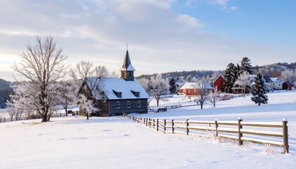Fototapeta premium Snowy Winter Scene: Rustic Church, Red Barn, and Frosty Trees