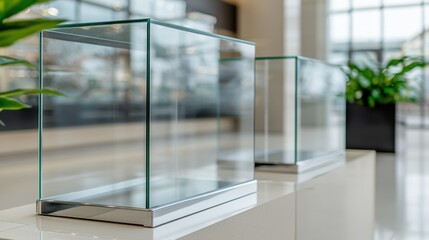 Modern glass display cases with chrome finishes in a vacant retail space featuring a clean and bright environment