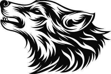 Fototapeta premium Roaring wolf head in black and white exhibits a powerful profile and fierce expression