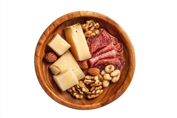 Wooden bowl filled with assorted cheeses, salami, nuts, and almonds