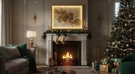 Cozy living room with decorated Christmas tree and fireplace glow  