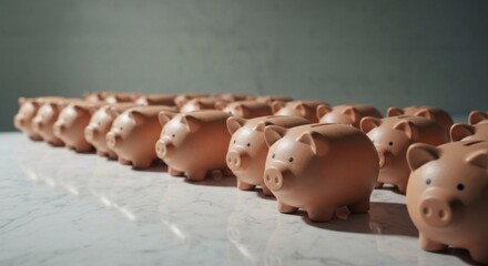 Beige piggy banks in a straight line on a light surface