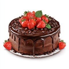 Round chocolate cake with strawberries and chocolate drizzle