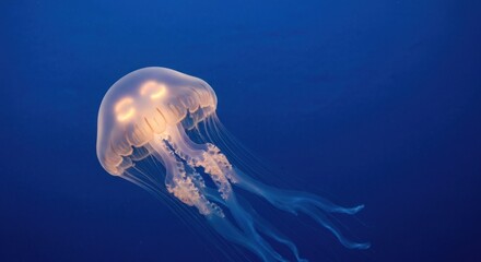 Bioluminescent jellyfish in deep blue ocean