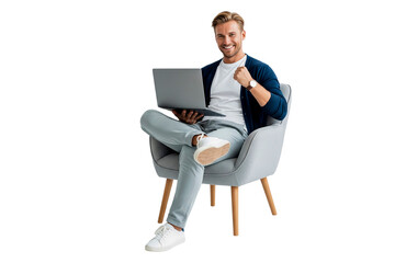 young man sitting on the floor with laptop isolated on white