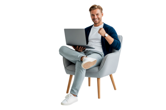 young man sitting on the floor with laptop isolated on white