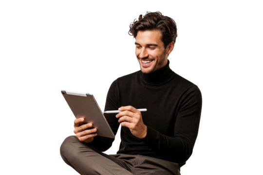 young man with tablet and using pen isolated on white