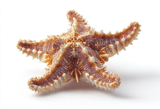 Dried starfish, light brown and beige, spiky texture, isolated on white