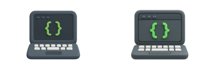 Stylized laptops showing green curly braces on dark screens